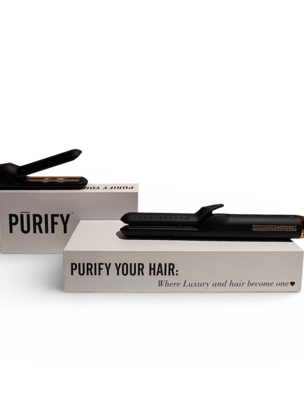 Pūrify styling tools — a straightener and curling iron in matte black with rose-gold detailing, resting on their packaging